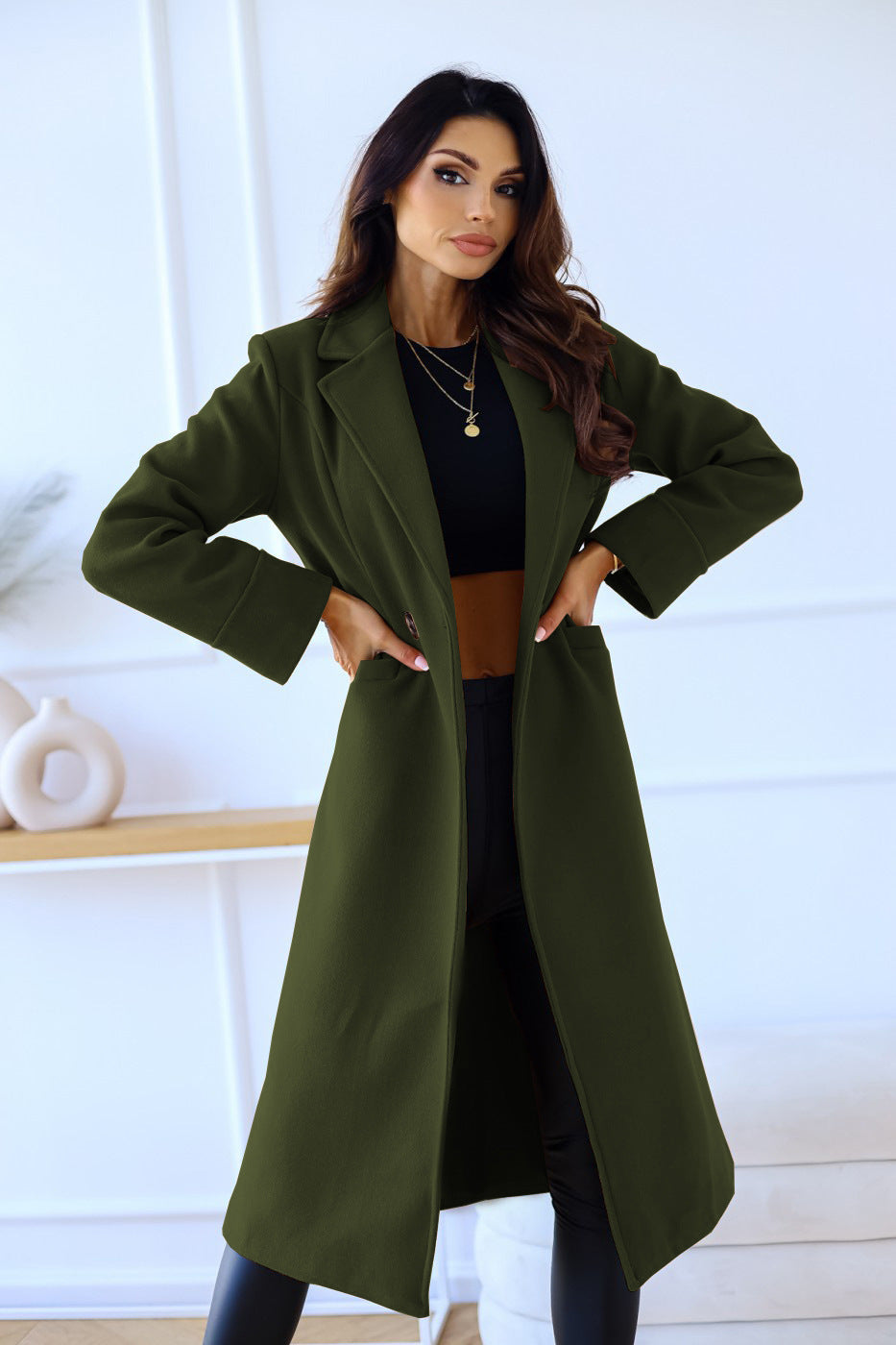 Simple Long Sleeve Woolen Coat by VA