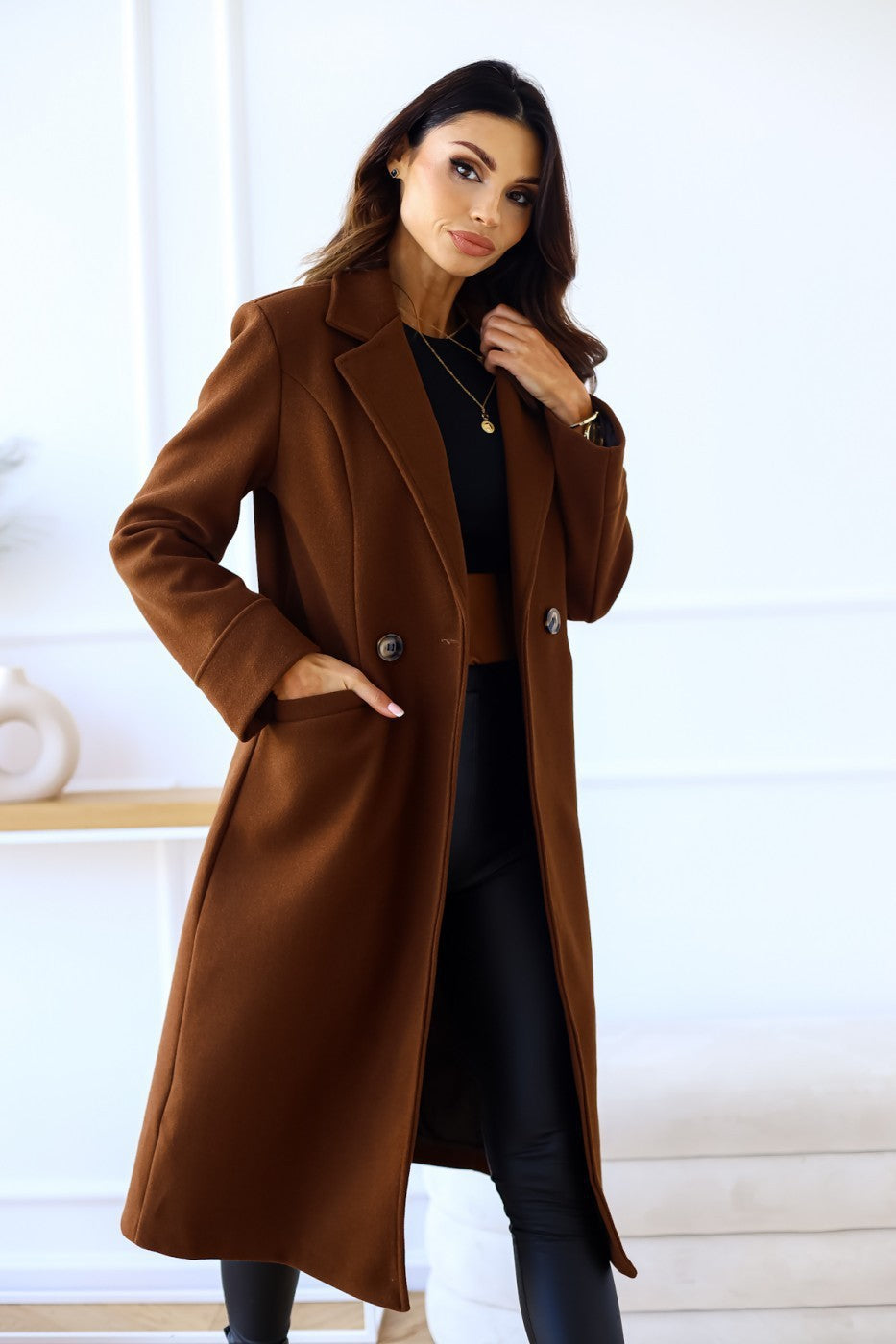 Simple Long Sleeve Woolen Coat by VA