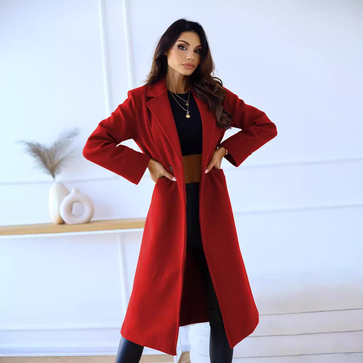 Simple Long Sleeve Woolen Coat by VA