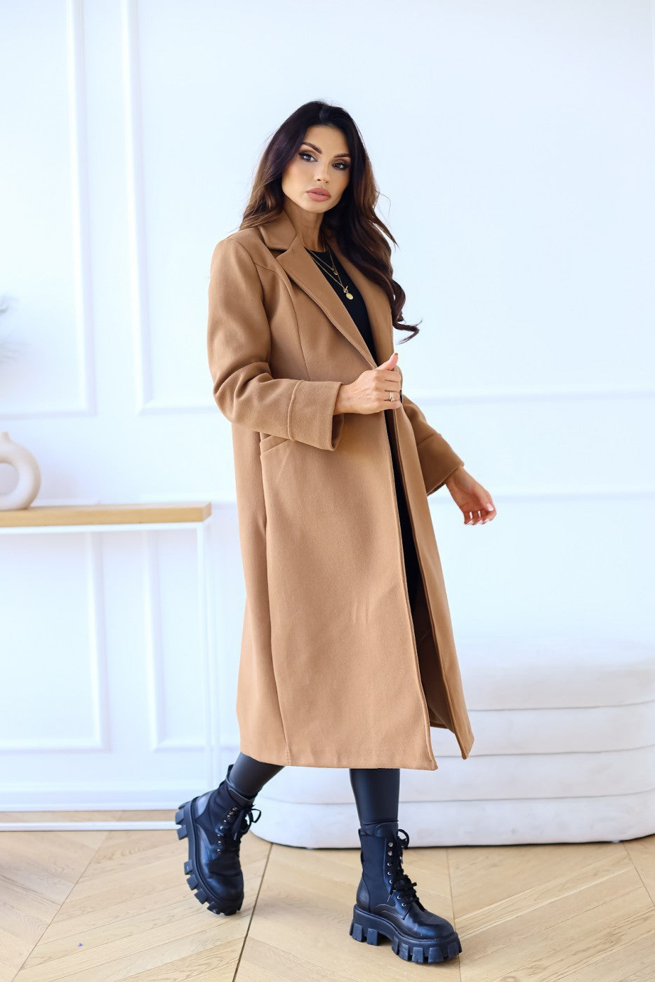 Simple Long Sleeve Woolen Coat by VA