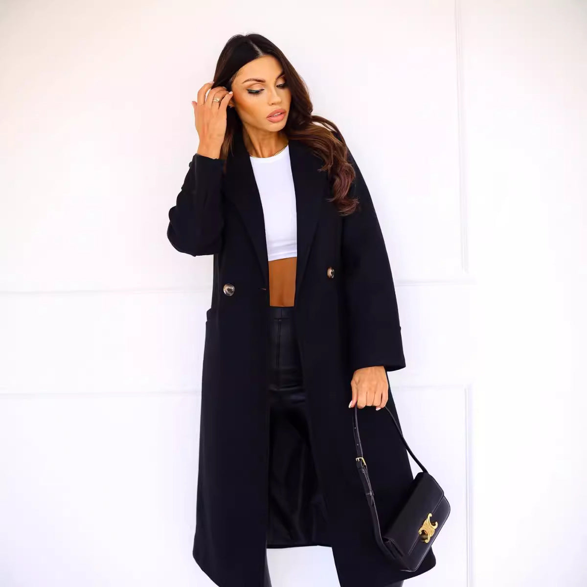 Simple Long Sleeve Woolen Coat by VA