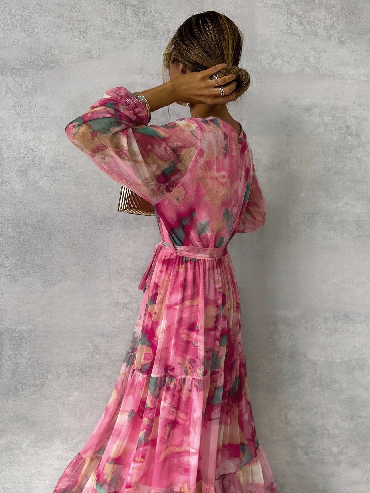 Long-sleeved V-neck Elegant Floral Dress BY VA
