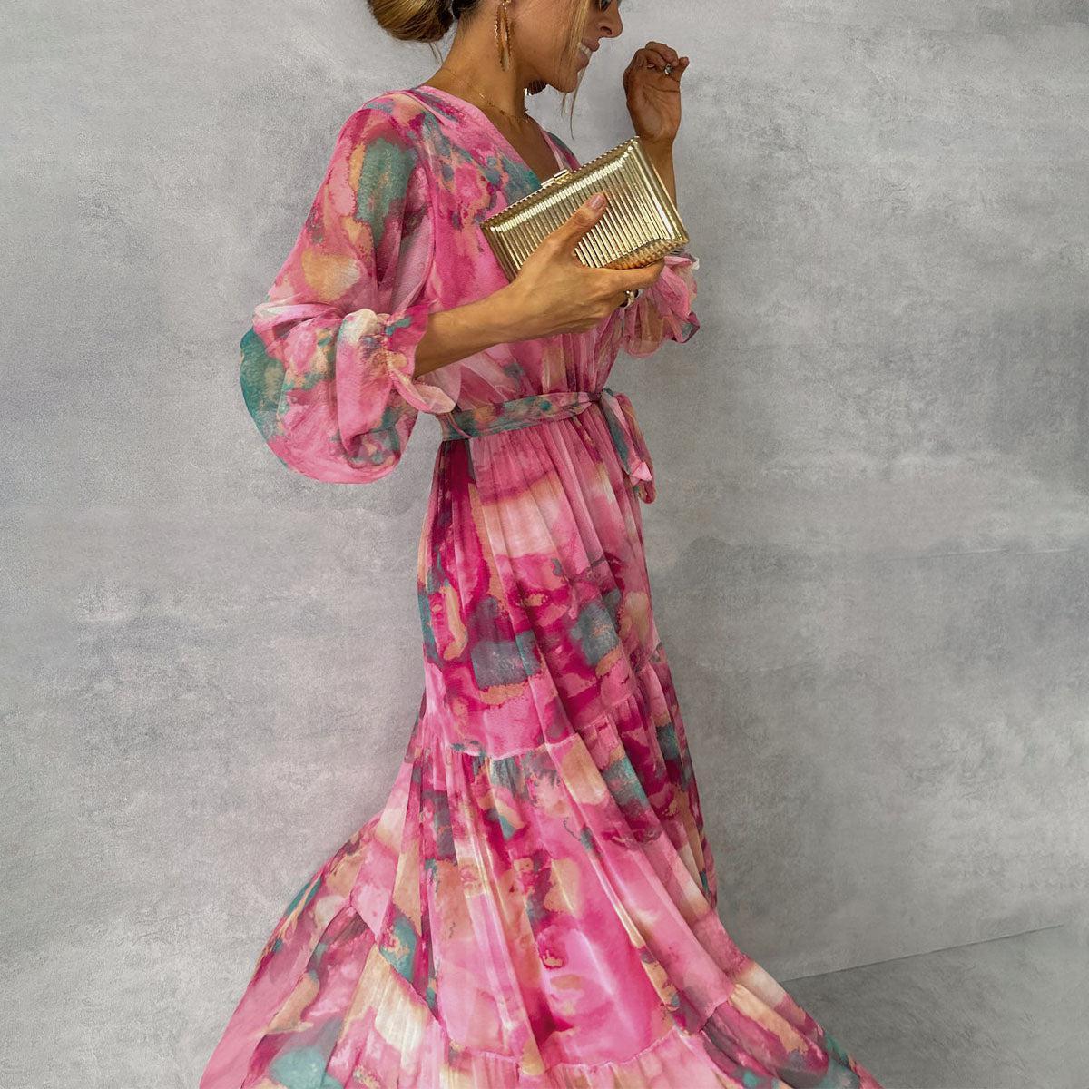 Long-sleeved V-neck Elegant Floral Dress BY VA
