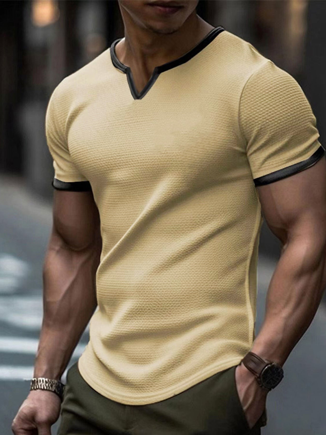 V Neck Outdoor Sports Waffle T-shirt