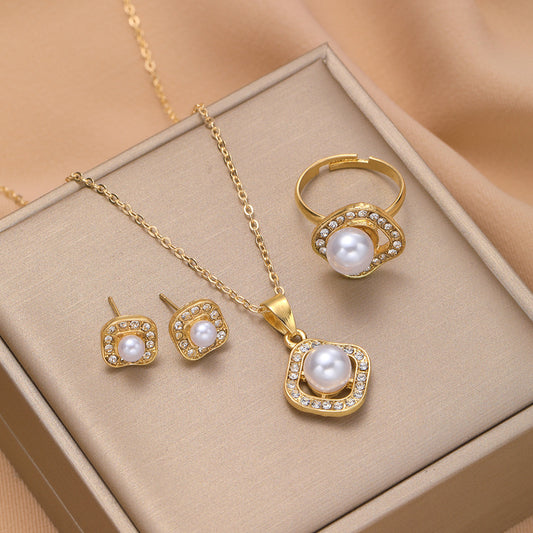 Rhinestone Pearl Necklace, Earring and Ring Set by VA