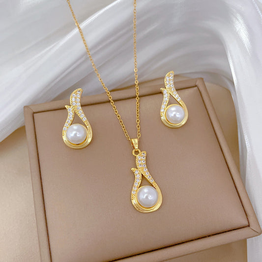 Luxury Full Diamond Pearl Necklace And Earrings Set