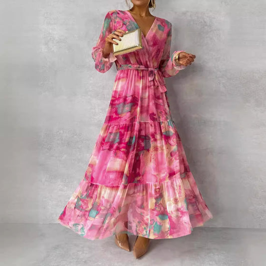 Long-sleeved V-neck Elegant Floral Dress BY VA